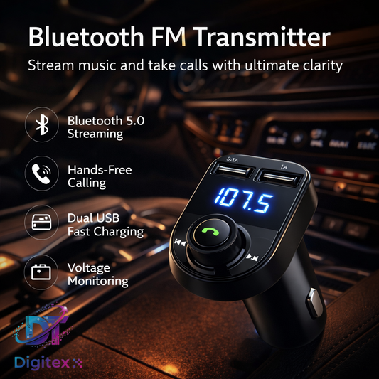 Digitex Wireless Bluetooth 5.0 FM Transmitter for Car – MP3 Player, Hands-Free Calls & Dual USB 3.1A Charger