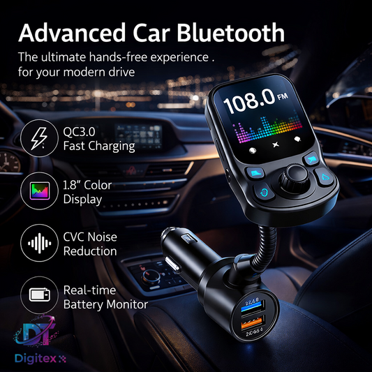Digitex Wireless Bluetooth 5.0 Car FM Transmitter with QC3.0 Fast Charging, Dual USB & Hands-Free Calling