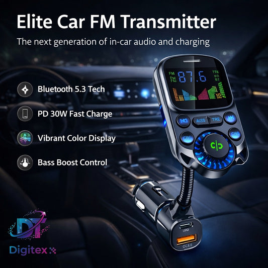 WYMECT Bluetooth 5.3 automobilinis FM siųstuvas su PD 30W Type-C, QC3.0 greituoju įkrovikliu ir laisvų rankų įranga skambinimui