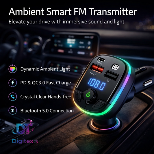 Digitex Bluetooth 5.0 Car FM Transmitter – PD Type-C & QC3.0 Fast Charger with Dual USB