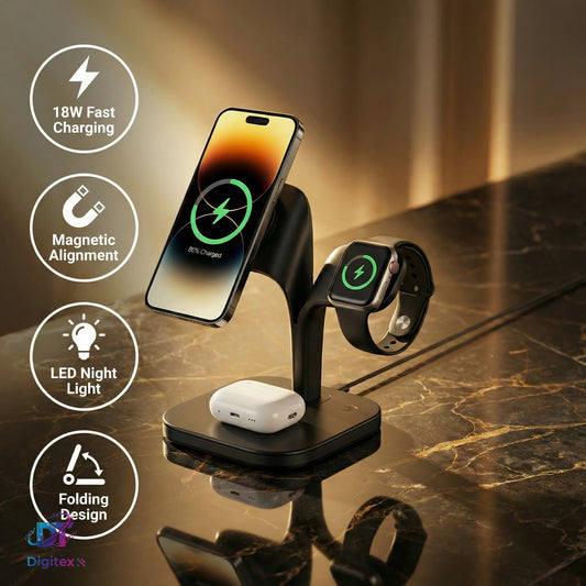 4 viename magnetinė belaidė įkrovimo stotelė su LED staline lempa