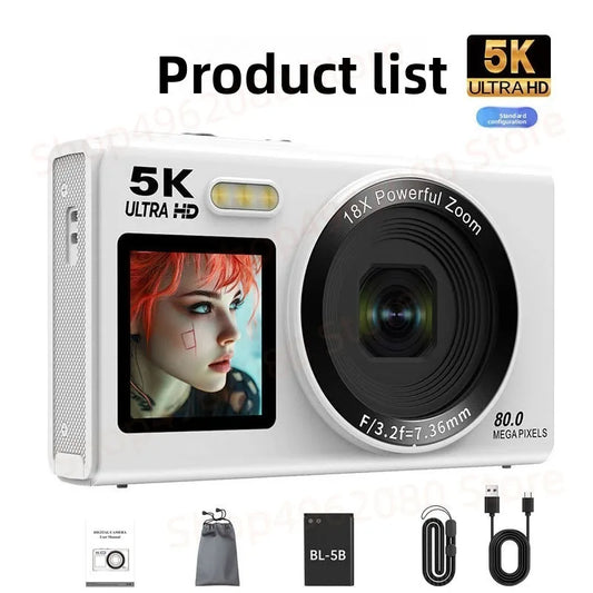 5K HD Digital Camera WiFi 80MP 18X Optical Zoom Portable Dual Screen Selfie Vlog Camcorder Student Travel Photography Kids Gifts