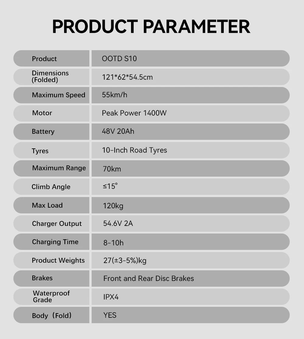 OOTD S10 elektrinis paspirtukas – 10 colių padangos, 1400 W, dviguba pakaba, 70 km nuvažiuojamas atstumas