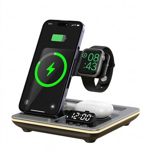 5 viename belaidis įkrovimo stotelė su žadintuvu ir LED lempute