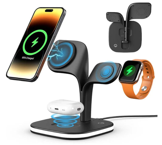 4 viename magnetinė belaidė įkrovimo stotelė su LED staline lempa