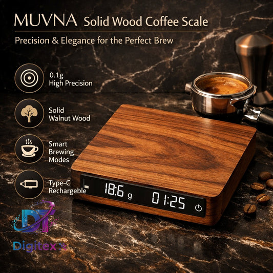 MUVNA Espresso Coffee Scale 0.1g Precision – Digital LED Scale with Smart Modes & Solid Wood Design