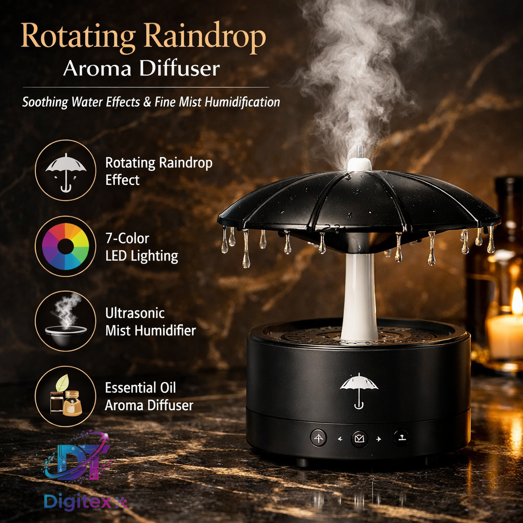 Besisukantis „Raindrop“ aromaterapinis difuzorius – 300 ml ultragarsinis oro drėkintuvas su nuotolinio valdymo pultu ir 7 spalvų aplinkos apšvietimu