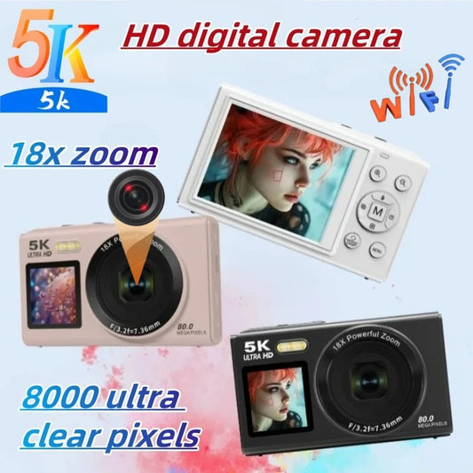 5K HD Digital Camera WiFi 80MP 18X Optical Zoom Portable Dual Screen Selfie Vlog Camcorder Student Travel Photography Kids Gifts