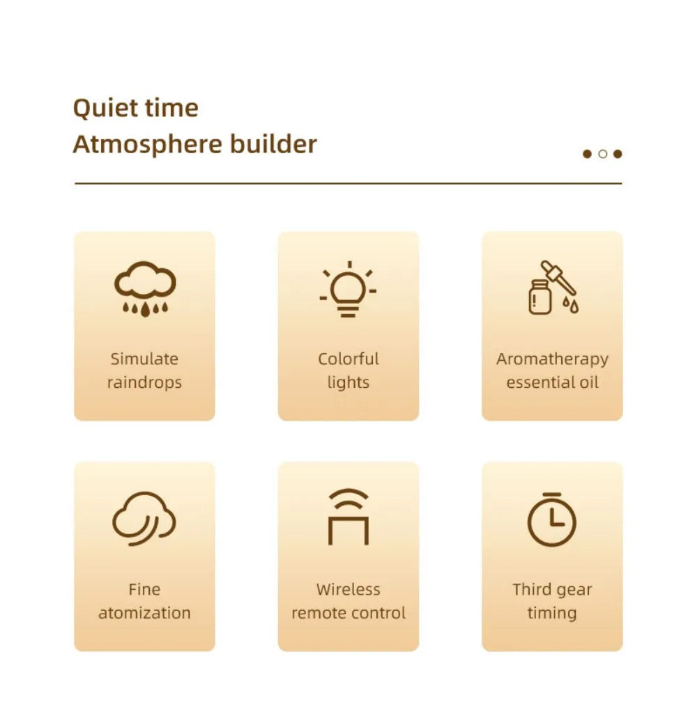 Besisukantis „Raindrop“ aromaterapinis difuzorius – 300 ml ultragarsinis oro drėkintuvas su nuotolinio valdymo pultu ir 7 spalvų aplinkos apšvietimu